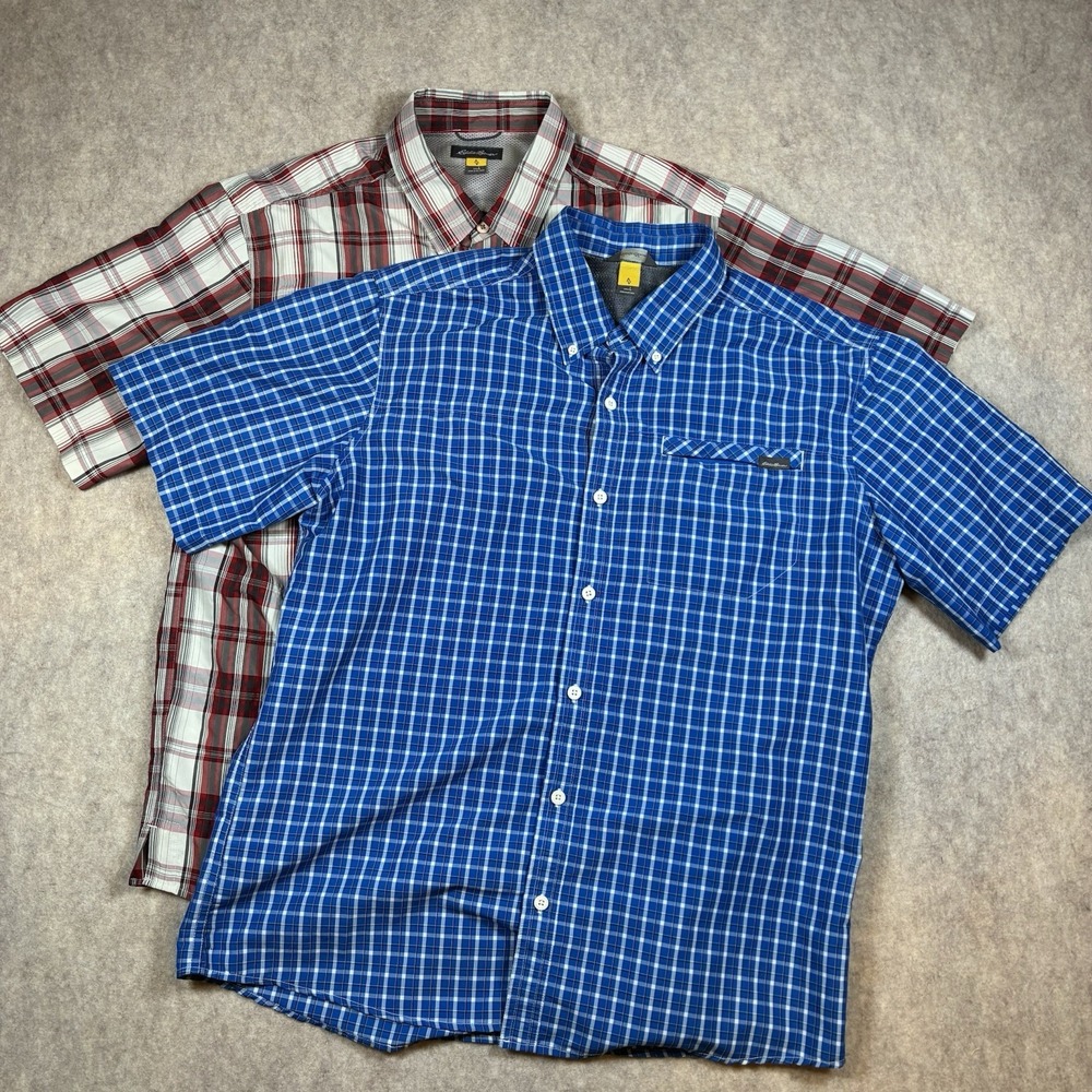 2 Eddie Bauer Mens Large Plaid Short Sleeve Travex Performance Hiking Button Ups